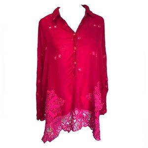 Johnny Was Sophia Red Embroidered Eyelet Button Down Top XS